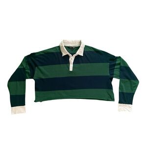 Faded Roses Blue & Green Striped Collared Long Sleeve Crop Top (Size S)